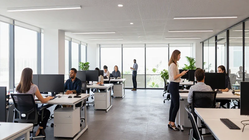 Profesionales diversos colaboran en moderno ambiente corporativo