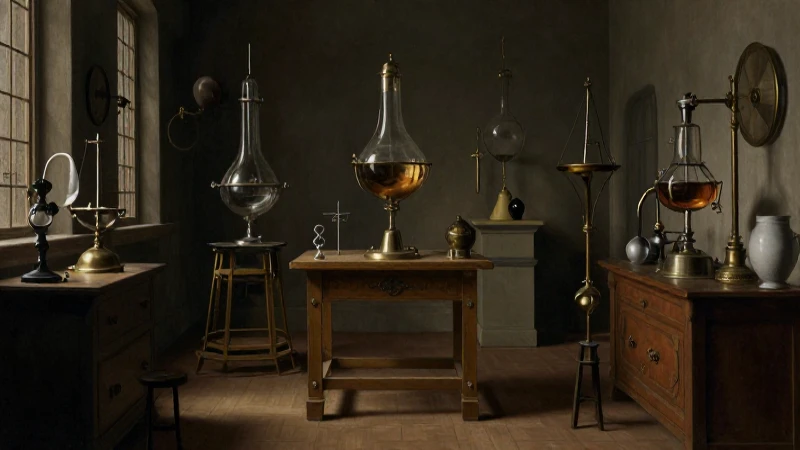 Laboratorio alquímico con instrumentos antiguos y claroscuro