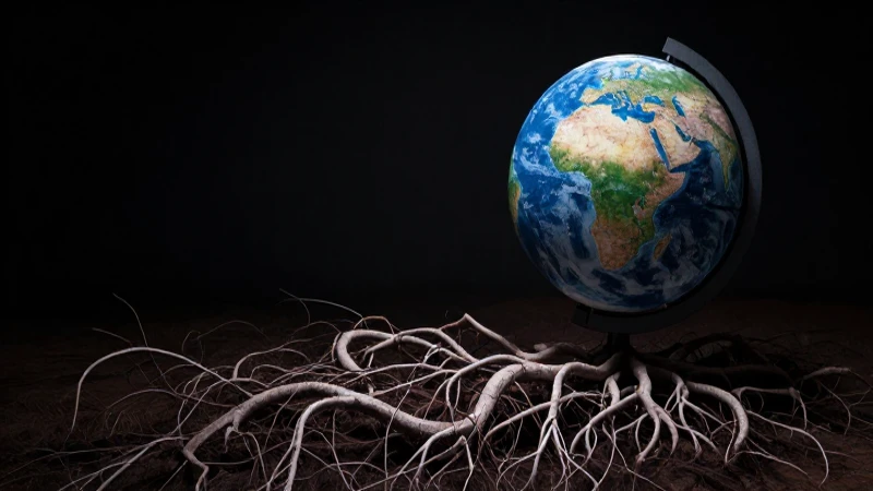Globo terráqueo con raíces bajo luz intensa