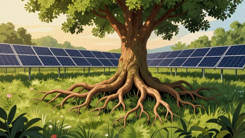 Raíces conectan paneles solares bajo luz dorada