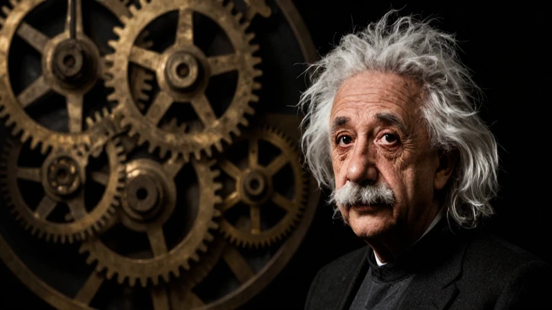 Retrato de Einstein con engranajes, iluminación dramática