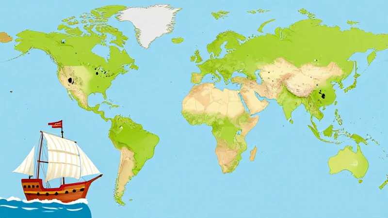 Mapa caricaturesco de las Américas con barco
