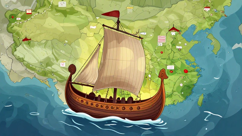 Mapa ilustrado, drakkar vikingo e iluminación cálida