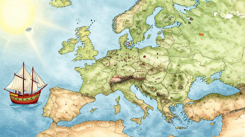 Exploradores europeos en mapa ilustrado y caprichoso