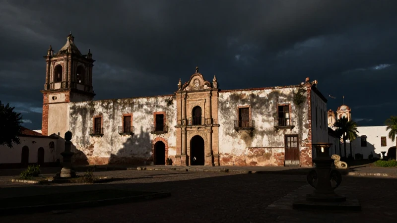 Ciudad colonial, hacienda en ruinas, luces contrastadas