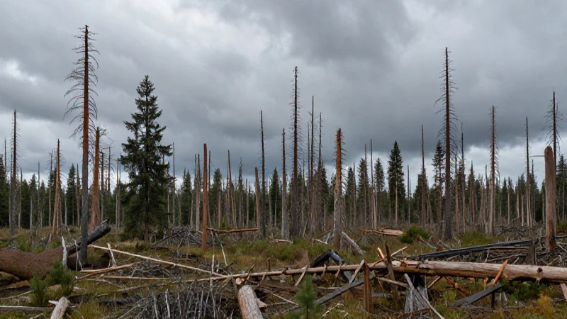 Bosque muere bajo lluvia ácida, cielo opaco