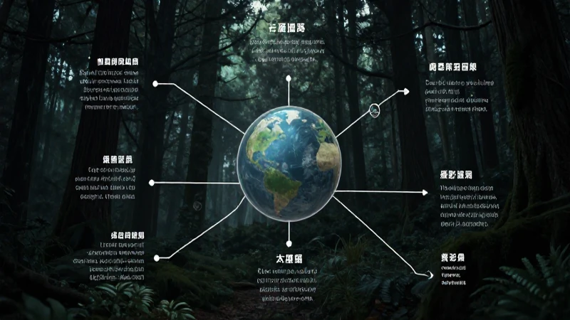 Bosque oscuro iluminado dramáticamente con mapa conceptual