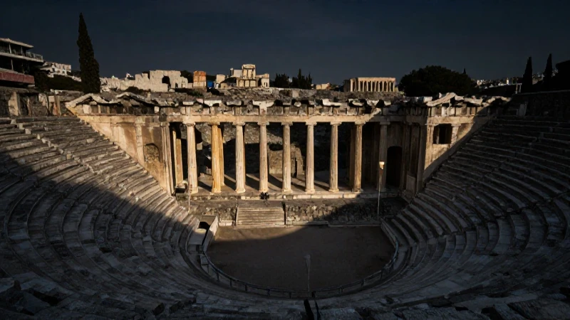 Ruinas griegas bajo luz teatral dramática