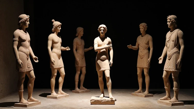 Teatro griego antiguo con figuras de terracota