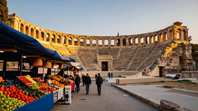 Ruinas, mercado y luz dorada cinematográfica