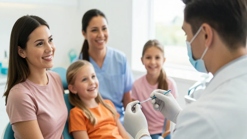 Familia sonríe mientras el dentista examina