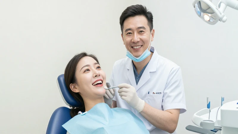 Paciente sonríe mientras el dentista examina