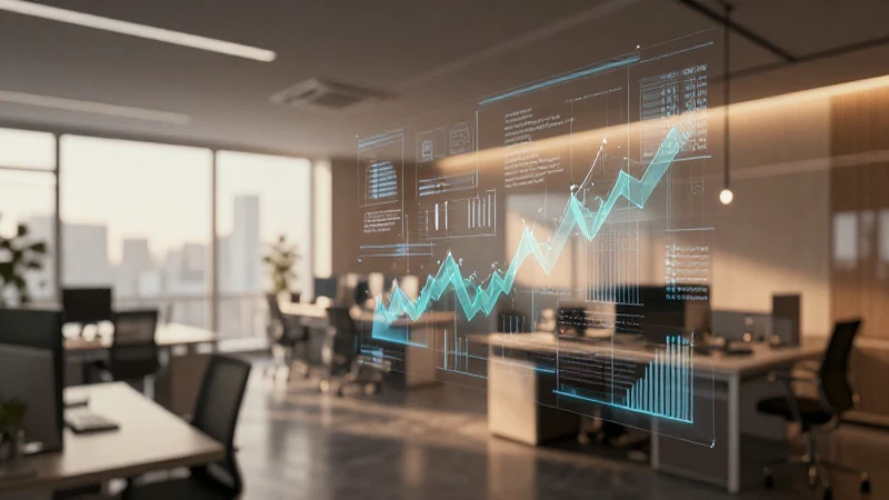 Oficina moderna con visualizaciones cálidas