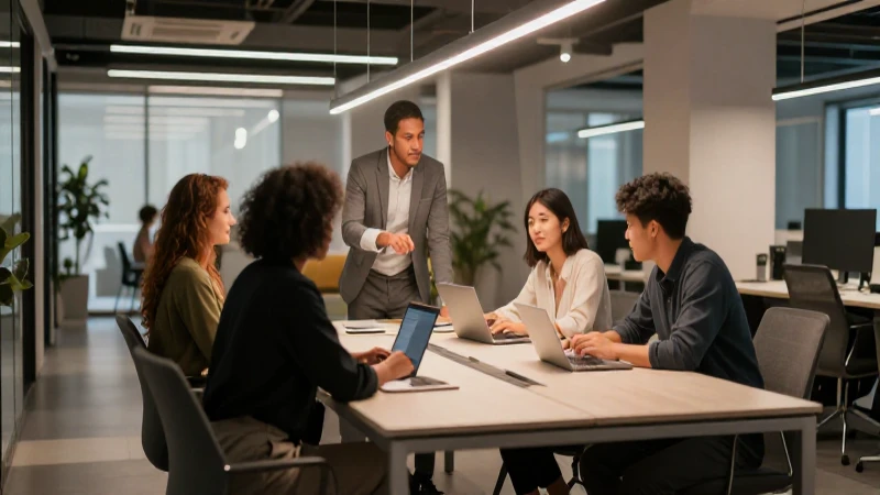 Oficina moderna con equipo diverso y luz cálida