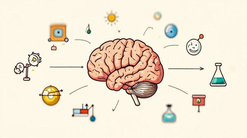 Diagrama cerebral ilustrativo con iconos científicos