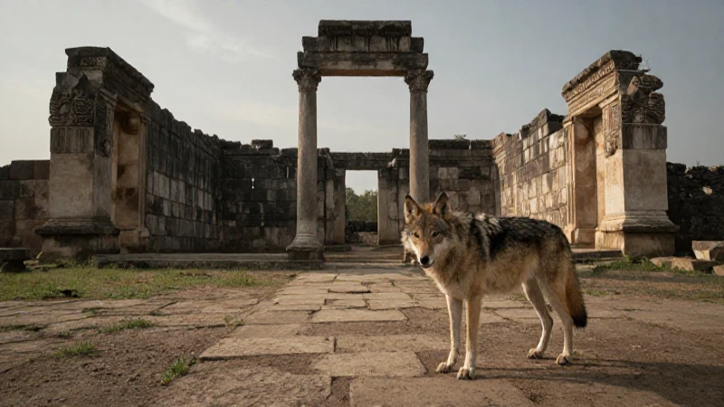 Cómo ha evolucionado la domesticación de animales 8 Lobo domesticado en ruinas antiguas, luz cinematográfica
