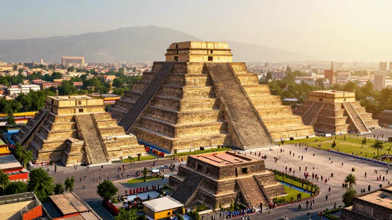 La línea del tiempo de Oasisamérica: Culturas y Economía 5 Pirámides aztecas, mercado dorado y arquitectura detallada