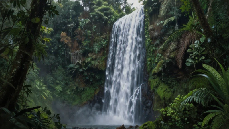 Selva exuberante, cascada y luz hiperrealista