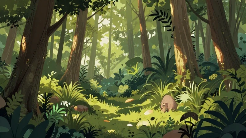 Bosque templado vibrante con fauna diversa e ilustrado