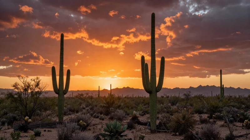Desierto con cactus al atardecer dramático