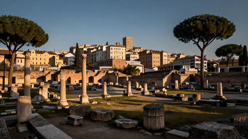 Ruinas romanas integradas en paisaje urbano cinematográfico