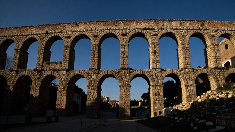 Ruinas romanas resaltadas por luz dramática