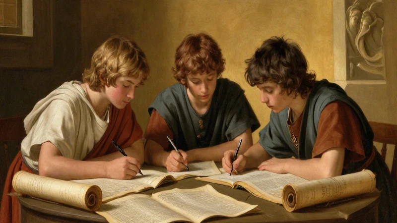 Niños romanos estudian bajo luz dorada