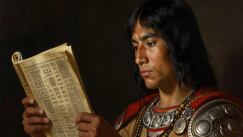 Joven guerrero mexica ante un códice antiguo