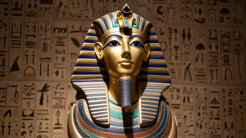 Busto faraónico resaltado con iluminación vibrante