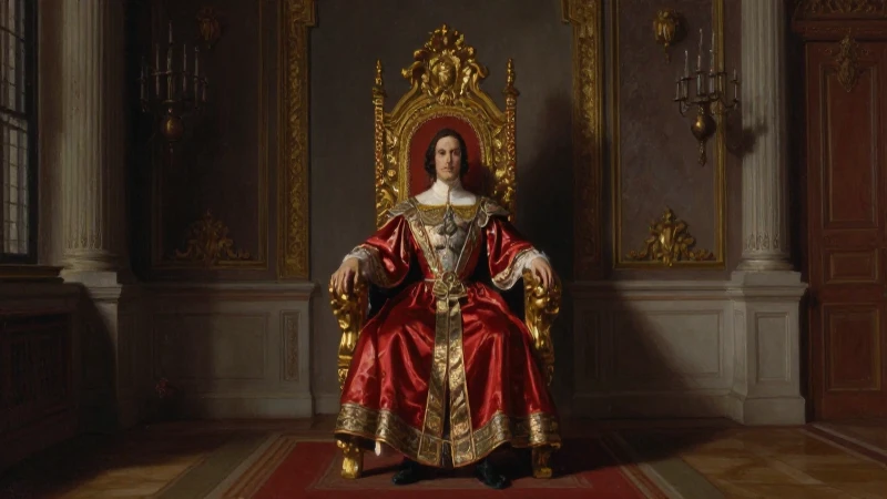 Retrato regio, trono adornado, iluminación dramática