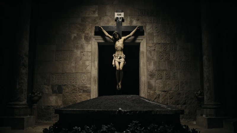 Cristo crucificado, tumba al fondo, luz dramática