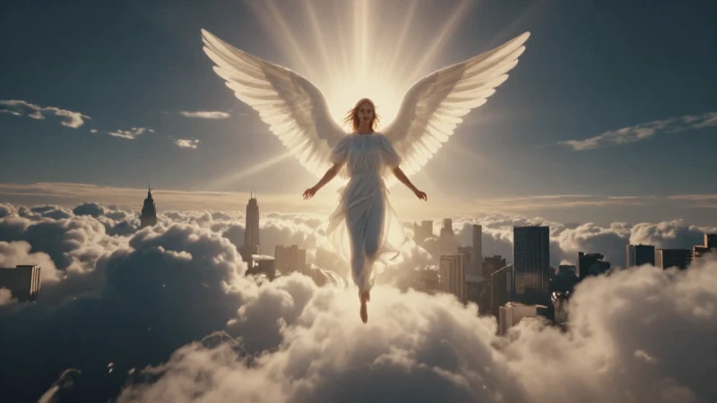 Ascensión angelical hacia ciudad resplandeciente