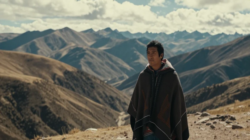 Hombre andino con poncho, paisaje montañoso amplio