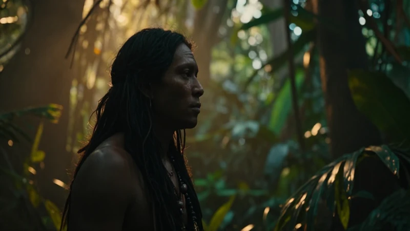 Silueta chamán en selva, luz cálida, cinematográfico
