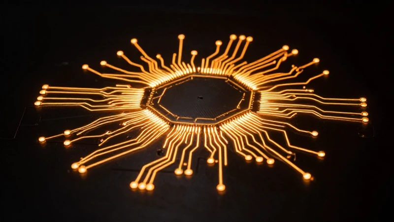 Placa electrónica iluminada bajo luces dramáticas