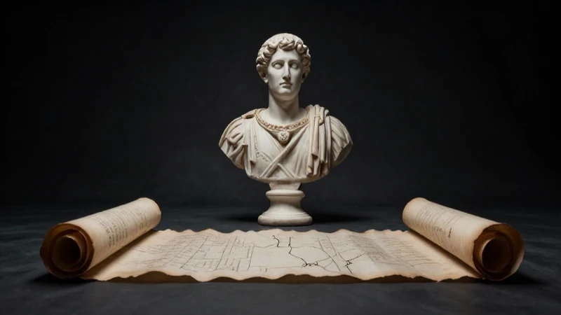 Busto imperial, pergamino antiguo, luz dramática