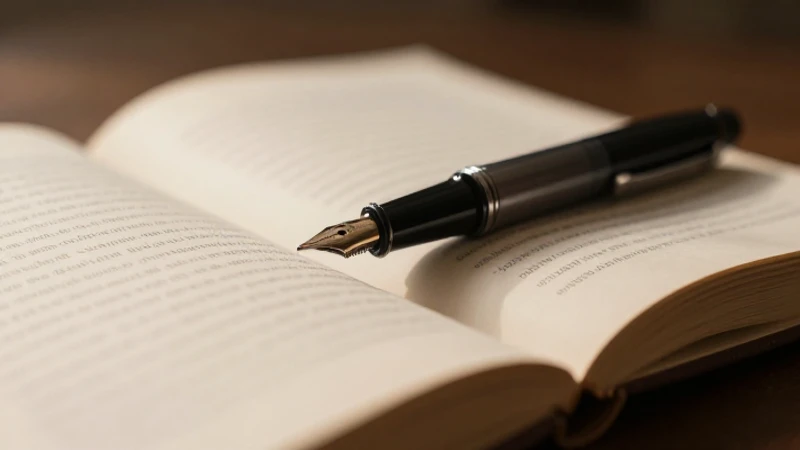 Libro abierto, pluma y luz suave fotográfica