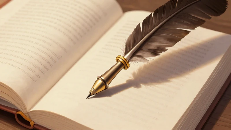 Libro abierto, pluma y luz dorada suavemente