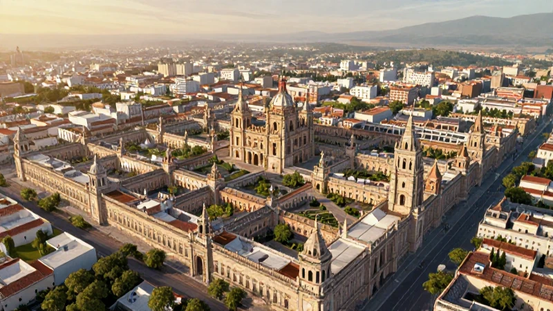 Ilustración aérea, arquitectura colonial bañada por el sol