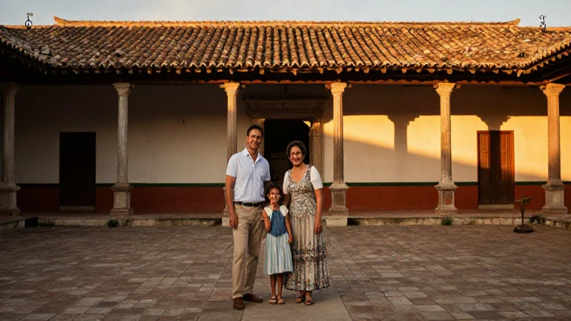 Familia colombiana en patio, luz dorada cálida