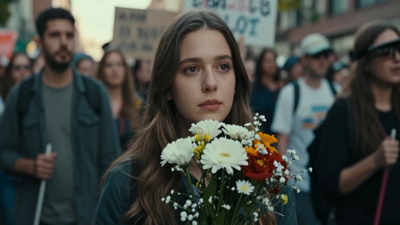 Joven con flores en manifestación documental