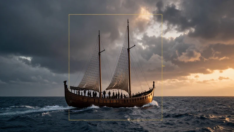 Dramático barco vikingo al atardecer tormentoso