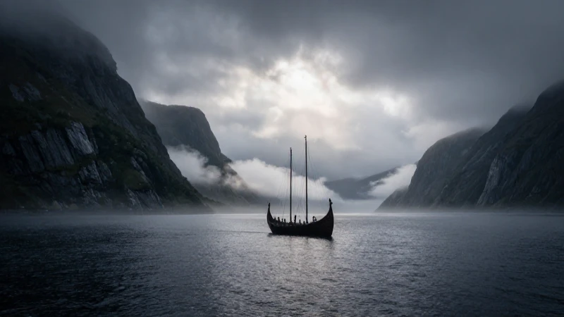Dramático barco vikingo en fiordo brumoso