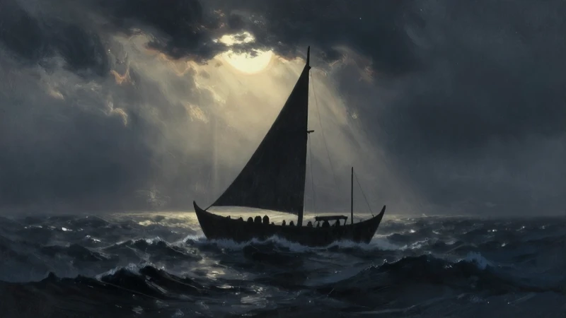 Dramático barco vikingo ante mar tormentoso