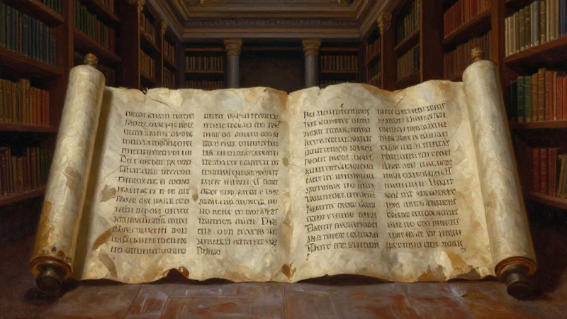 Poema épico enrollado en biblioteca antigua