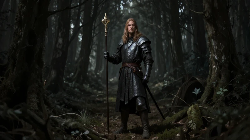 Beowulf guerrero, oscuro bosque, estilo medieval