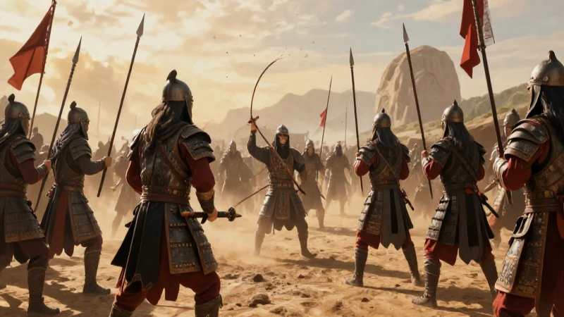 Batalla ancestral con luz cálida y colores vibrantes