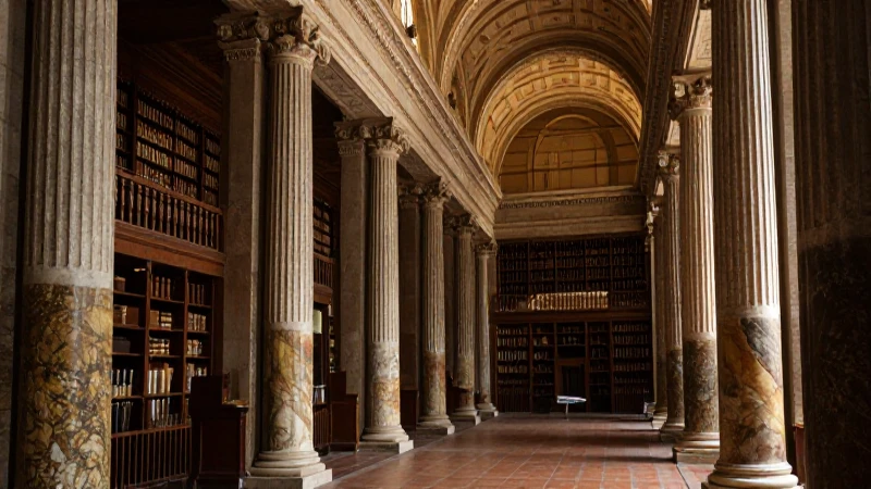 Biblioteca antigua de mármol con luz cálida