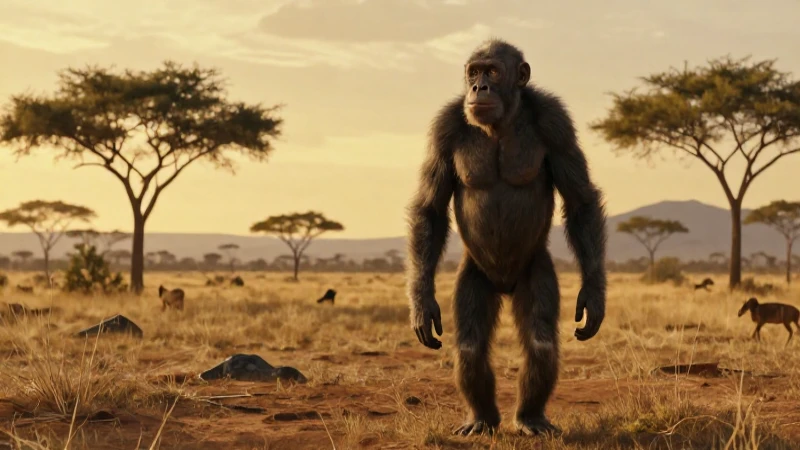Cuáles son los hitos de la era primitiva en una línea del tiempo 3 Australopithecus en sabana al atardecer dorado