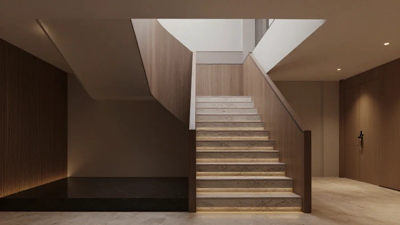 Escalera moderna con iluminación cálida y simétrica